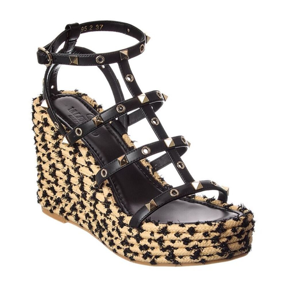 Valentino Rockstud 95 Leather Wedge Sandal, Black